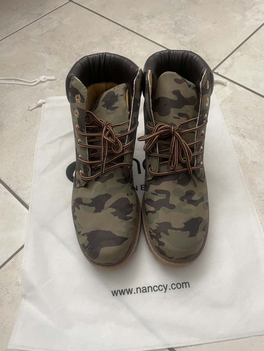 Camo Lace-Up Ankle Boots with Brown Trim